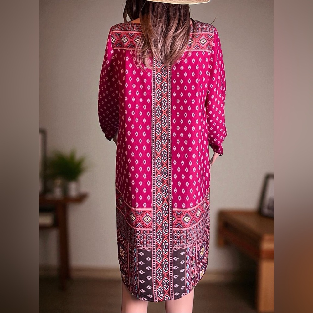 Loft diamond mozaic shift dress size S. Dark pink. Aztec Geometric Print. Boho. - Picture 6 of 10
